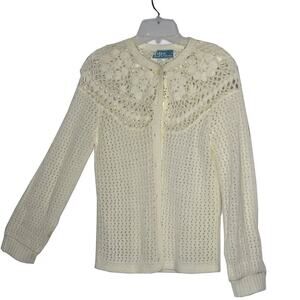 Leroy VINTAGE Small Knitwear Cardigan Sweater V-Neck Granny Crochet Long Sleeve